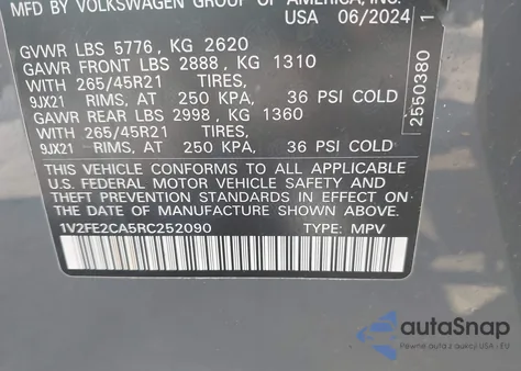 2024 Volkswagen Atlas Cross Sport 2.0T Sel Premium R-Line from USA, damaged, VIN 1V2FE2CA5RC252090